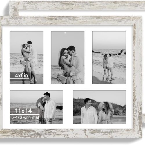 11x14 Picture Frame Set of 2, Distressed White Wood Frame with Real Glass Collage Picture Frames, Display Pictures Five 4x6 With Mat or 11 x 14 Without Mat, Photo Frames Wall Gallery