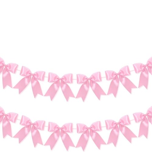 2Pcs Pink Ribbon Bow Garland Banner, Bow Party Hanging Garland Decorations for Girls Pink Bow Birthday Decorations, Baby Shower Decor, Bridal Shower Wedding Party Supplies