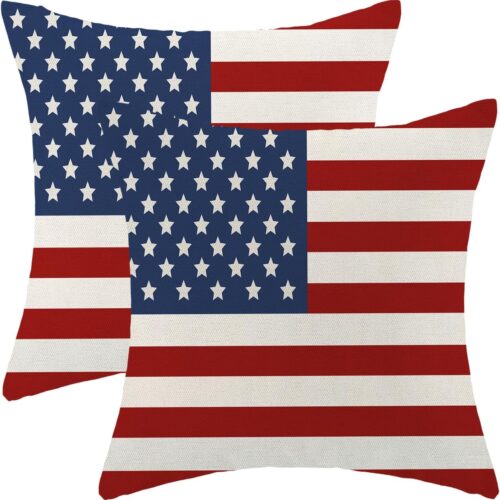 Independence Day Pillow Covers 18x18 Pack of 2 Red Blue American Flag Memorial Day Stars Throw Pillow Cover,4th of July Patriotic Pillowcase Linen Decorative Cushion Case for Home Sofa Outdoor