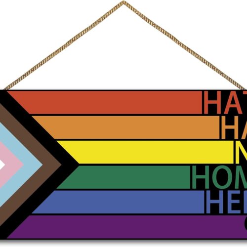LGBT Rainbow Sign Front Door Decor, Hate Has No Home Here Pride Flag Wooden Wall Decor,Gay Pride Rainbow Decorations for Home Wall Porch Front Door Classroom