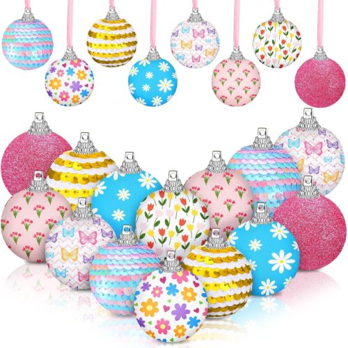 16 Pcs Spring Easter Ornaments for Tree 1.97'' Spring Floral Easter Vintage Ball Tree Decorations Daisy Bunny Hanging Ball Ornaments for Holiday Party Supplies Home (Flower Style)