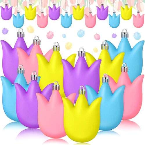24 Pcs Spring Flower Ornaments 2.7 Inch Tulips Daisy Hanging Ornament Spring Tree Decorations Colorful Plastic Floral Shape Ball Summer Decorations for Home Tree Holiday Party(Tulip)