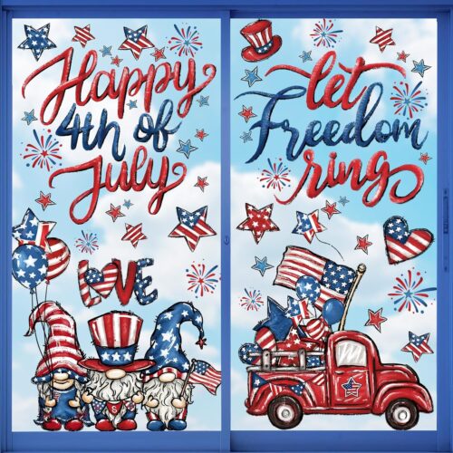6 Sheets Patriotic USA Window Clings - Happy 4th of July Decals with Stars, Firework & Independence Day Theme for Home, School, Office, Party Glass Supplies