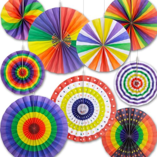 Pride Decorations,9PCS Pride Hanging Paper Fans Decorations, Rainbow Party Decorations Colorful Pride Paper Fans Ceiling Wall Garland for Gay Pride Party Supplies