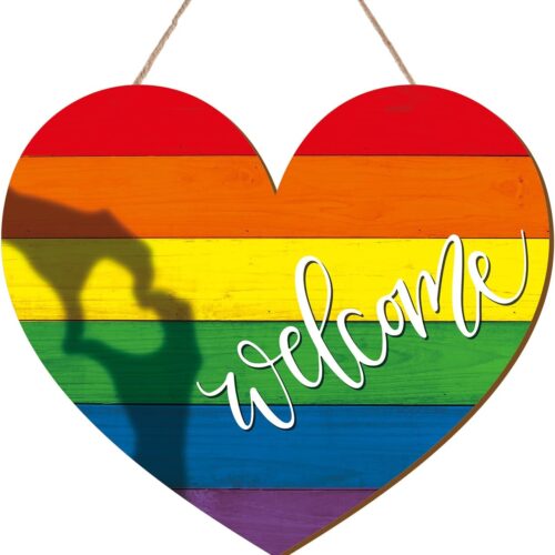 Rainbow Welcome Sign Gay Pride Door Sign LGBTQ Wooden Hanging Sign Wreath for Lesbian Pride Parade Day Wall Art Indoor Outdoor Home Shop Decorations