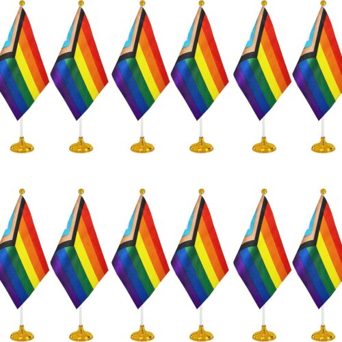 12 Pack Progress Pride Rainbow Desk Flag Small Mini Gay LGBT Table Flags With Stand Base,Rainbow Mardi Gras Festival Events Celebration Decorations