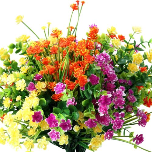 12 Bundles Artificial Flowers Outdoor, UV Resistant Faux Artificial Plants Shrubs Plastic Flower Bulk for Hanging Planter Porch Window Home Spring Summer Decor(Yellow, Orange, Fuchsia)