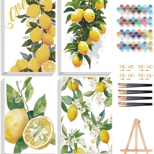 4 Pack Paint by Numbers Kit for Adults with Frame,Lemon Paint by Numbers for Adults, Paint by Number with Easel, DIY Peony Paint by Number Kits for Home Wall Decor（11.8x15.7inch