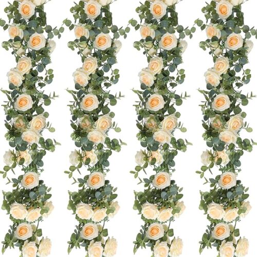 4 Pack 26 ft Artificial Eucalyptus Vines Garland with Flowers Fake Floral Flower Garland Rose Wreath for Wedding Party Arch Table Decor Backdrop Decorations(Champagne)