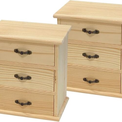 2 Pack Wooden box with 3 Mini Drawers for Jewellery,Unfinished Wood Surface Box, Small Wooden Organizer Storage Box for Arts Crafts DIY Project