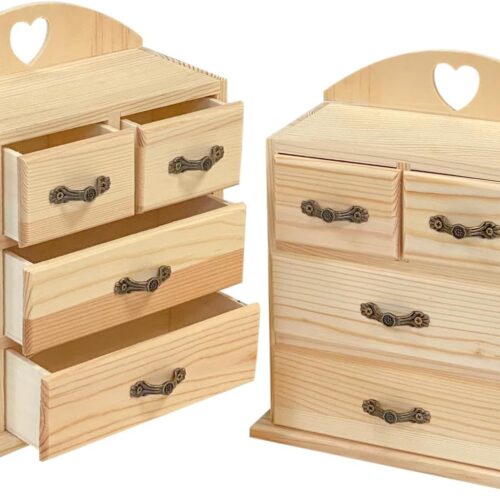 Pack of 2 Unfinished Wood box with Mini Drawers for Jewellery,Small Wooden Organizer Storage Box for Crafts Hobbies DIY Project
