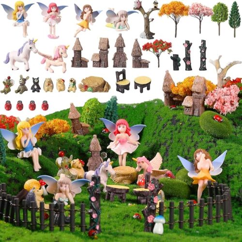 58 Pcs Miniature Garden Set Flower Angel Fairy House Animals Trees Diorama Supplies Fairy Village Mini Terrarium Figurines Micro Landscape Ornaments for DIY Garden Decor Succulent Dollhouse Craft