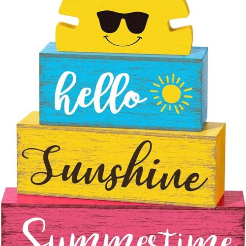 Summer Table Decor Hello Sunshine Wooden Block Sign Farmhouse Summertime Beach Tiered Tray Decor Rustic Table Centerpieces Summer Decorations for Home Desk Shelf Mantle Office Decorations