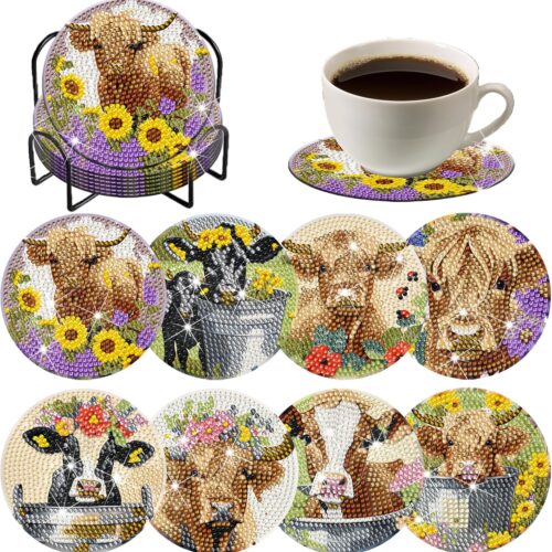 8 Pieces Spring Cow Diamond Coasters Kits with Holder DIY Spring Cow Diamond Art Coaster Coaster for Gifts Beginner Adults Kids Art Table Home Craft Gift Supplies