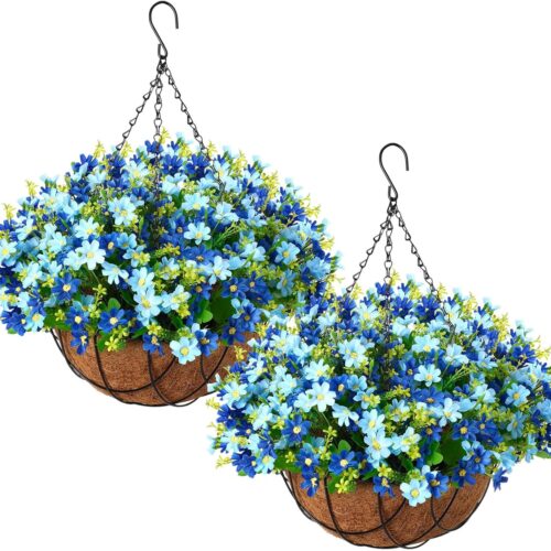 2 Pack Artificial Hanging Baskets with Flowers for Outdoors Fake Hanging Plants for Spring Summer Porch Home Decoration Artificial Daisy Flower Arrangement in Coconut Lining Baskets(Blue)
