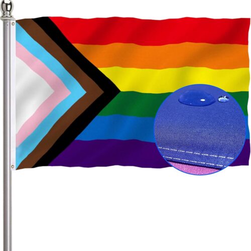 Progress Pride Rainbow Flag 2x3 Outdoor-210D Sewn Stripes LGBTQ Gay Lesbian Bisexual Transgender All Inlcusive Progressive Pride Rainbow Flag Vivid Color Polyester Flags with 2 Brass Grommets