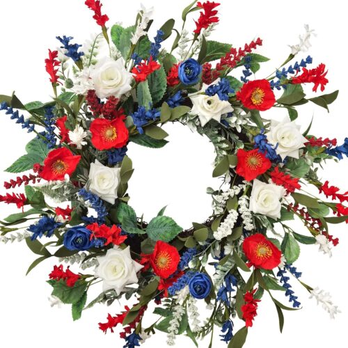 20 Inch Independence Day Wreath for Front Door, Red Blue White Flowers Green Leaves Wreath for Inside and Outside, Decorations for Memorial Day Patriotic Veterans Day Front Door Wall