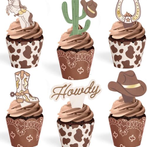 Fetti Western Cupcake Liners + Toppers - Set of 24 | Rodeo Birthday Cake Decoration, Hoedown Bachelorette Food Accessory, Kids Party Supplies