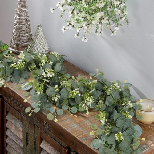 Artificial Eucalyptus Garland Artificial Vines Hanging Eucalyptus Leaves Greenery Garland with Berries Vines Table Runner for Wedding Arch Home Party Mantle Decor (2 Packs)