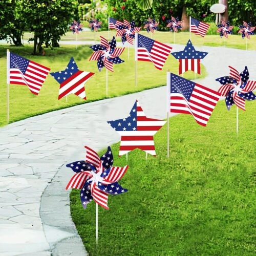 26 Pcs 4th of July Decorations Memorial Day Decorations,Small Flags,Patriotic Stars and Stripes Pinwheels,Red White and Blue Decor for Patriotic Independence Day Party Supplies