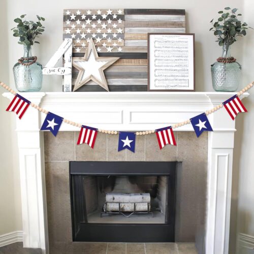 5.1 FT 4th of July Patriotic American Flag Wood Bead Garland - Independence Day Decorations for Fireplace Mantle, Red White Blue Decor for Memorial Day, Veterans Day & Party Supplies