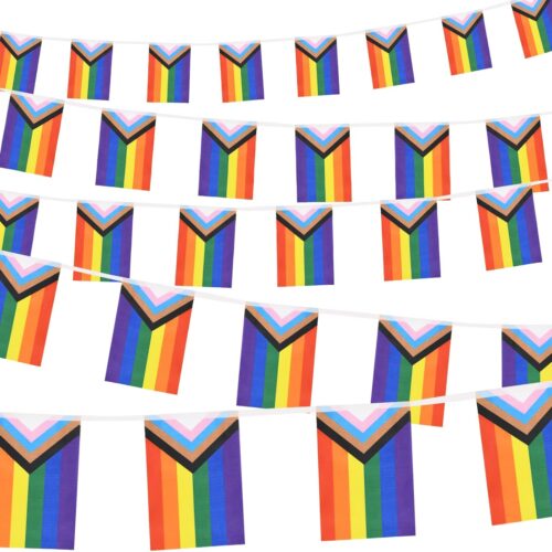 32.8ft 38 Pcs Progress Pride Pennant Flags Banner,Gay LGBTQ Rainbow Pride Banner Flag, Colorful Stripes Bunting Banner for Pride Decorations, Pride Month, Party, Restaurants, Garden Decor