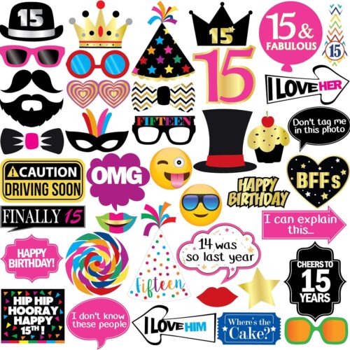 15th Birthday Photo Booth Party Props - 40 Pieces - Funny Kids Birthday Party Supplies, Decorations and Favors