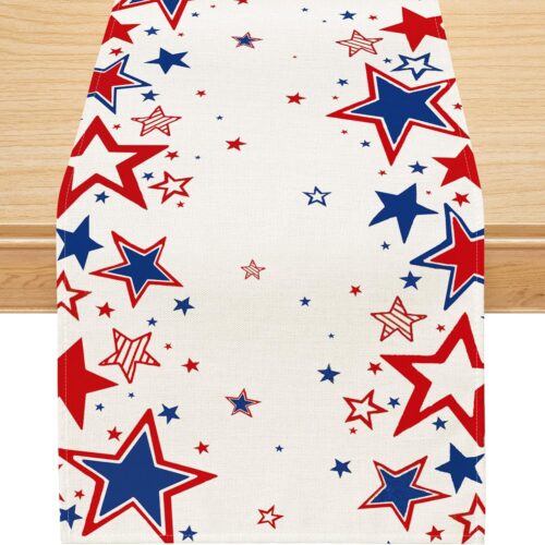 4th of July Table Runner, Star Patriotic Decorations Memorial Day Deocr for Home Indoor Outdoor Party Dinning Table Decorations 13x72 Inch