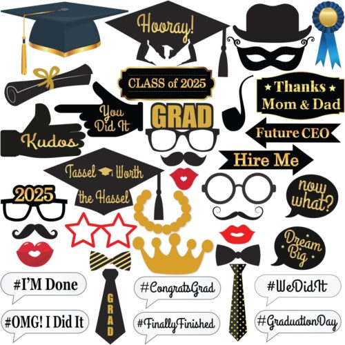 Graduation Photo Booth Props - Pack of 40 | Black and Gold Grad Photo Props for Grad Decor | Grad Photo Props 2025 | Graduation Decorations 2025