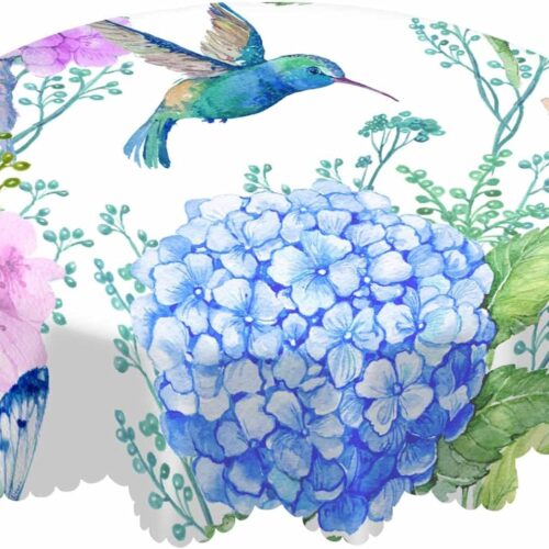 Bird Floral Table Cloth Hummingbird Dragonfly Butterfly Hydrangea Nature Spring Round Tablecloth 60 Inch for Dining Room, Party, Banquet