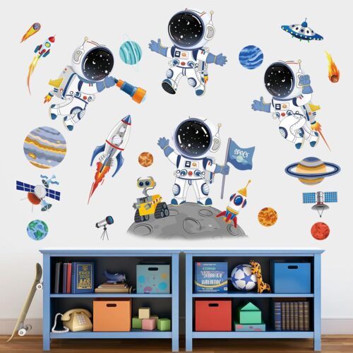 Outer Space Astronaut Wall Decals Rocket Universe Space Planets Wall Stickers Baby Nursery Boys Bedroom Playroom Wall Decor