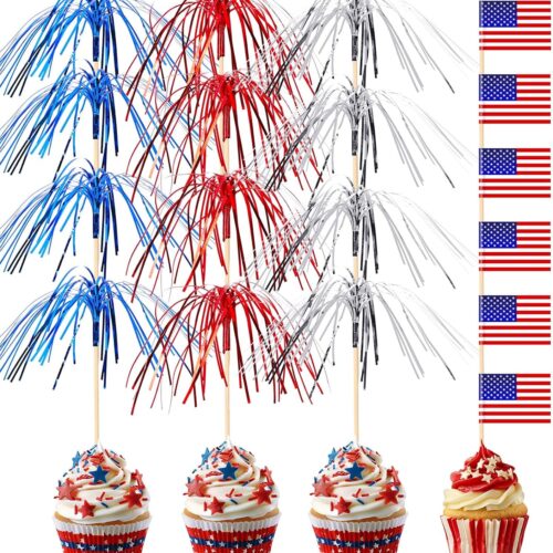 200Pcs 4th of July Cupcake Toppers, Patriotic Firework Cocktail Picks Independence Day American Flags Toothpicks Fruit Skewers for 4th of July Party Drinks Red White and Blue Decorations