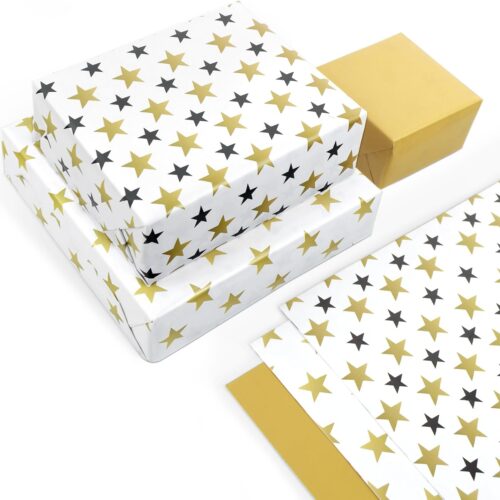 Gift Wrapping Paper 12 Sheets, Folded Flat Gift Wrap Paper for Presents, Kids, Boy and Girl, 20 x 29” Per Sheet - Gold Black Stars