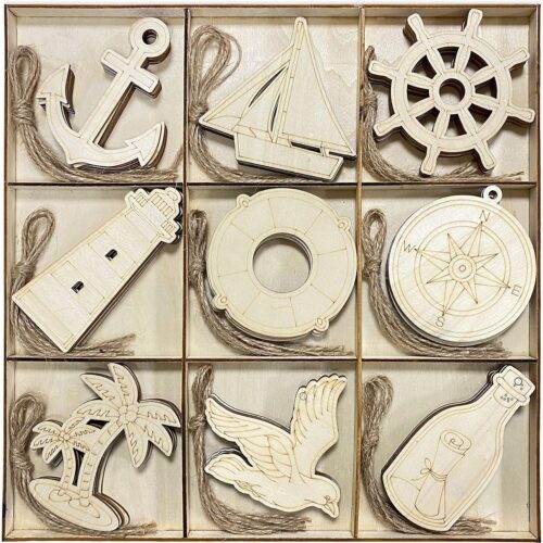 45 Pack Unfinished Nautical Wood Cutouts for Crafts, Wooden Anchor,Sailboat,Ship Wheel,Compass for DIY Project 3.5 Inch 5 Peices Each