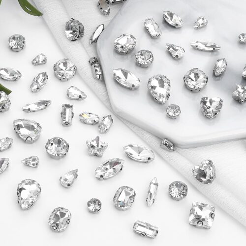 Sew on Rhinestones 205 PCS Glass Rhinestones Mixed Shapes Sew on Crystal Gems Flatback with Silver Claw for Jewelry Crafts Clothes Shoes Costume (Sliver Rhinestones), Small, Clear
