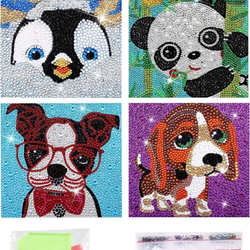 4Pcs DIY Art Painting Kits for Kids Animal Art and Crafts for Kids Ages 6-8-10-12 Girls Boys 5D Gem Art by Number Kits for Birthday Christmas Gifts