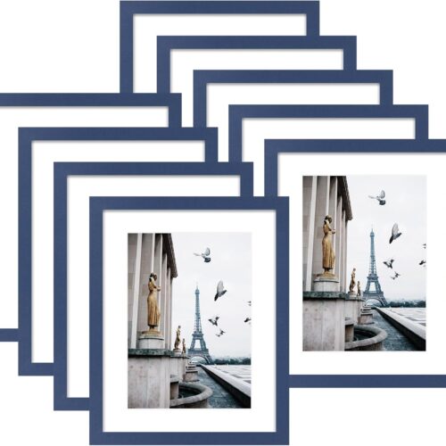 11x14 Picture Frame Set of 9 Photo Gallery Wall Frame Set Display Pictures 8x10 with Mat or 11 x 14 Without Multi Photo Frames for Wall Mounting or Table Top Display, Blue