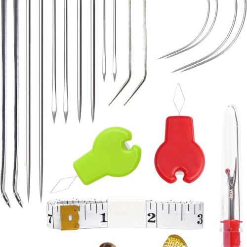 16 Pcs Upholstery Needle, Heavy Duty Hand Sewing Needles Kit, 8 Styles of Leather Canvas Sewing Needles with Needle Threaders, Seam Rippers, Thimble, Soft Ruler (Leather Needles)