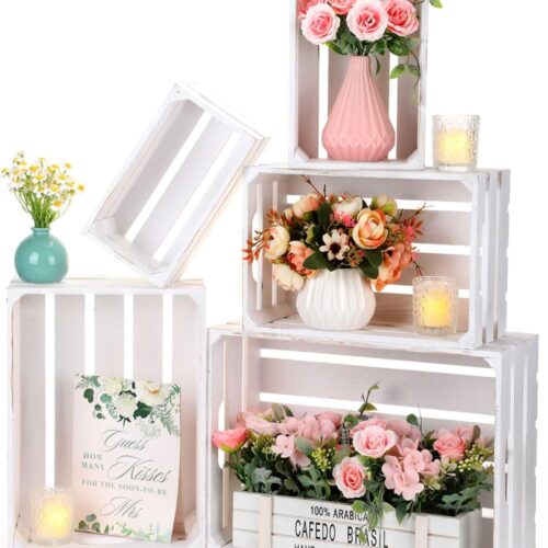 5 Pcs Decorative Nesting Wooden Crates for Storage Display 5 Size Large Small Rustic Wood Decorative Storage Crates with Handle Farmhouse Crate Box Container Made from Pine(Painted White)