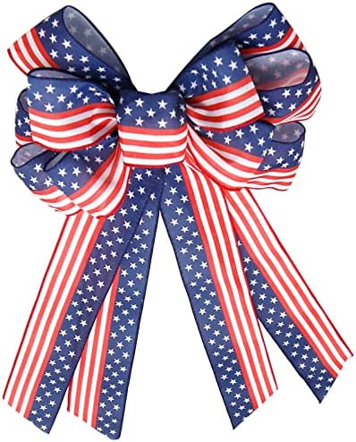 Large 4th of July Patriotic Bows for Wreath,American Flag Wreath Bows Stars Decor American Flag Bow for Indoor Outdoor,Red with Blue Stars Bunting Independence Day Party Holiday Backdrops Decorations