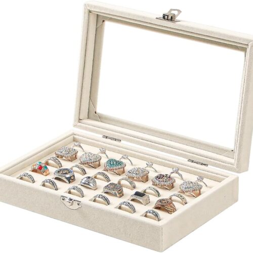 Ring Holder Organizer Box,Jewelry Ring Display Case, Earring Necklace Storage Tray With Top Glass Lid (Beige, 30 Slots Ring)