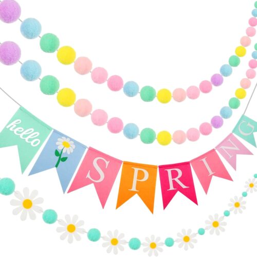 4 Pieces Spring Garland Felt Pompom Garland Hello Spring Daisy Flower Banner for Indoors Decorating Mantel Tree Party Decorations