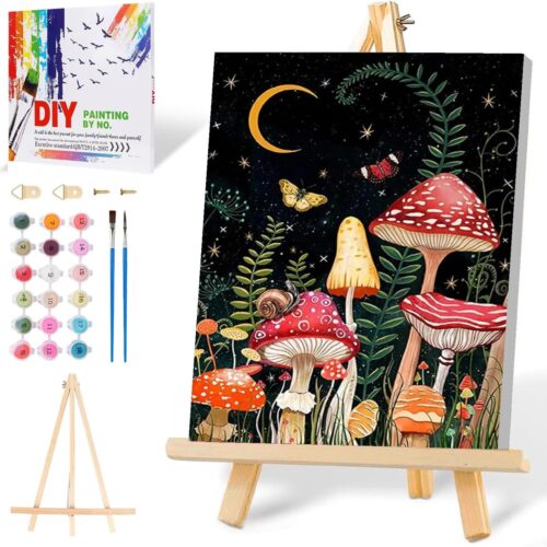 Paint by Numbers Kit for Adults Beginner with Wooden Frame and Easel Easy Acrylic on Canvas Mushroom Paint by Number Kits 8x12 inch with Paints and Brushes