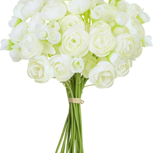 18Pcs White Ranunculus Artificial Flowers, Faux Silk Mini Ranunculus with Stems, Fake Wedding Filler Flowers Bulk Floral Arrangements for Home, Table Centerpieces Bridal Shower DIY Bouquets Decor