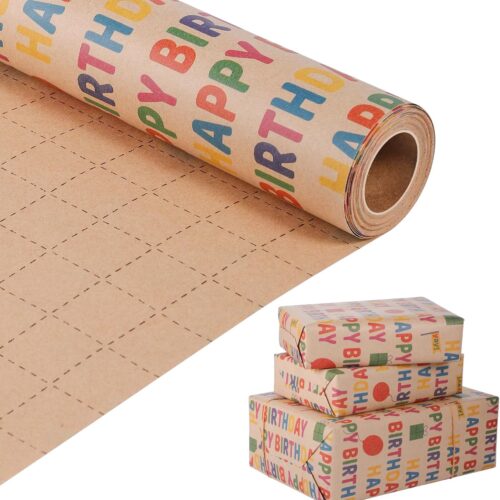 Birthday Wrapping Paper 17 Inch X 33 Feet Kraft Wrapping Paper for Kids Men Women Happy Birthday Pattern Gift Wrap Paper for Birthday, Baby Shower Party, Holiday