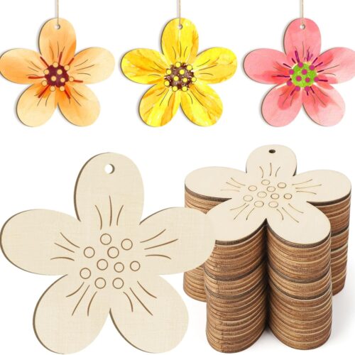 Wooden Flower Ornaments to Paint Easter Spring Decoration Cutouts Unfinished 24PCS 3.5 x 3 inches, DIY Blank Unfinished Christmas Tree Wood Discs Ornament for Home Crafts Hanging