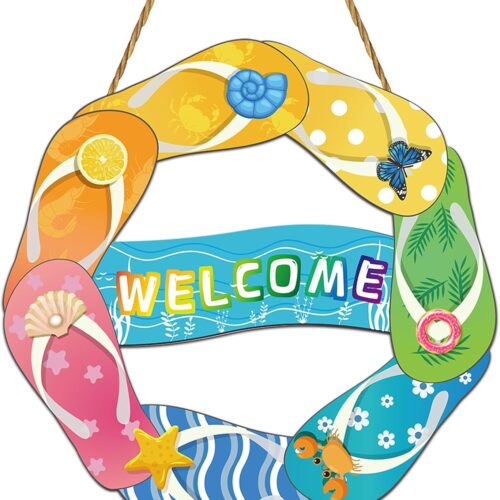 Summer Decor Summer Door Decor Flip Flop Hanging Plaque Welcome Sign Pool Decorations Wooden Front Door Hanger for Office Wall Indoor Home Decor