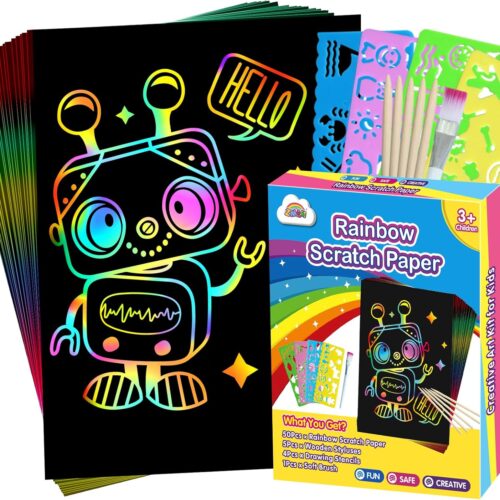 Scratch Art Crafts Boys Gifts, Rainbow Scratch Paper Art Gifts for 3 4 5 6 7 8 9 10 Years Old Girls and Boys Kids, Arts and Crafts for Kids 4-6 Birthday Toys and Games Activities Gift (Blue)