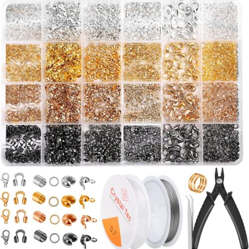 2160 Pieces Crimp Beads Kit for Jewelry Making, Knot Covers, Crimp Bead Covers, Crimp Tubes, Jump Rings and Wire Guardians with Crimping Pliers, Elastic String for Bracelets Necklaces Making
