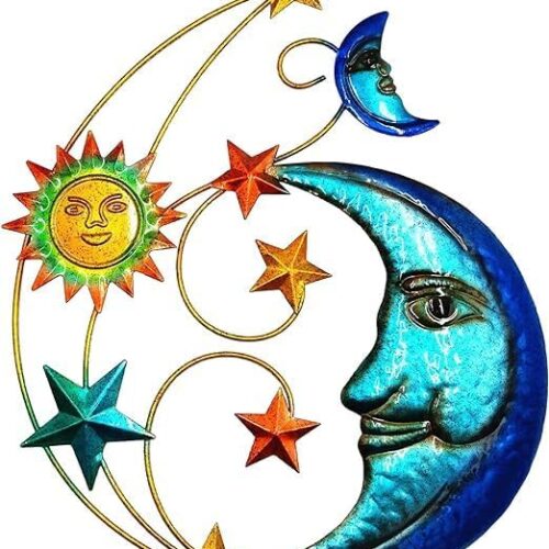 Metal Sun Outdoor Wall Art Decor, Large Size 17'' Sun Face Metal Wall Sculpture with Moon & Stars for Home Wall Decoration Living Room, Bedroom, Outside Decor for Yard, Patio, Garden Fence Deck Pool